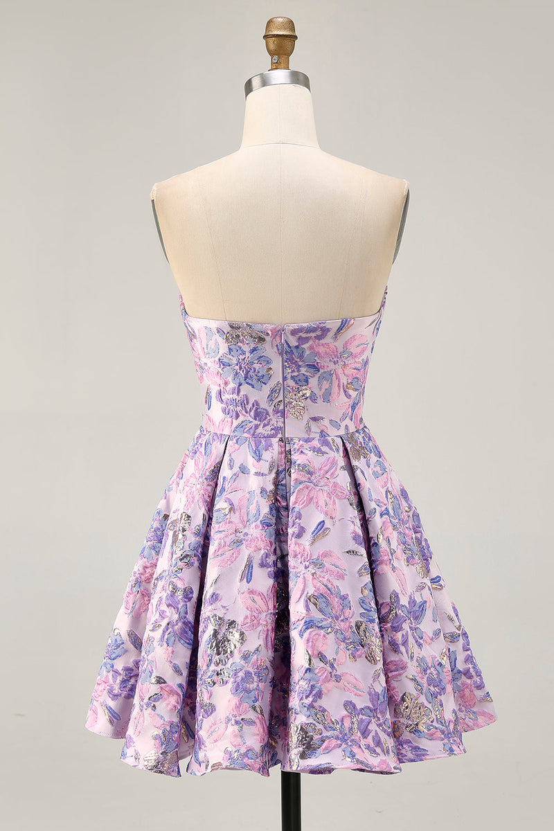 Load image into Gallery viewer, Floral Lilac A Line Ruched Strapless Short Homecoming Dress
