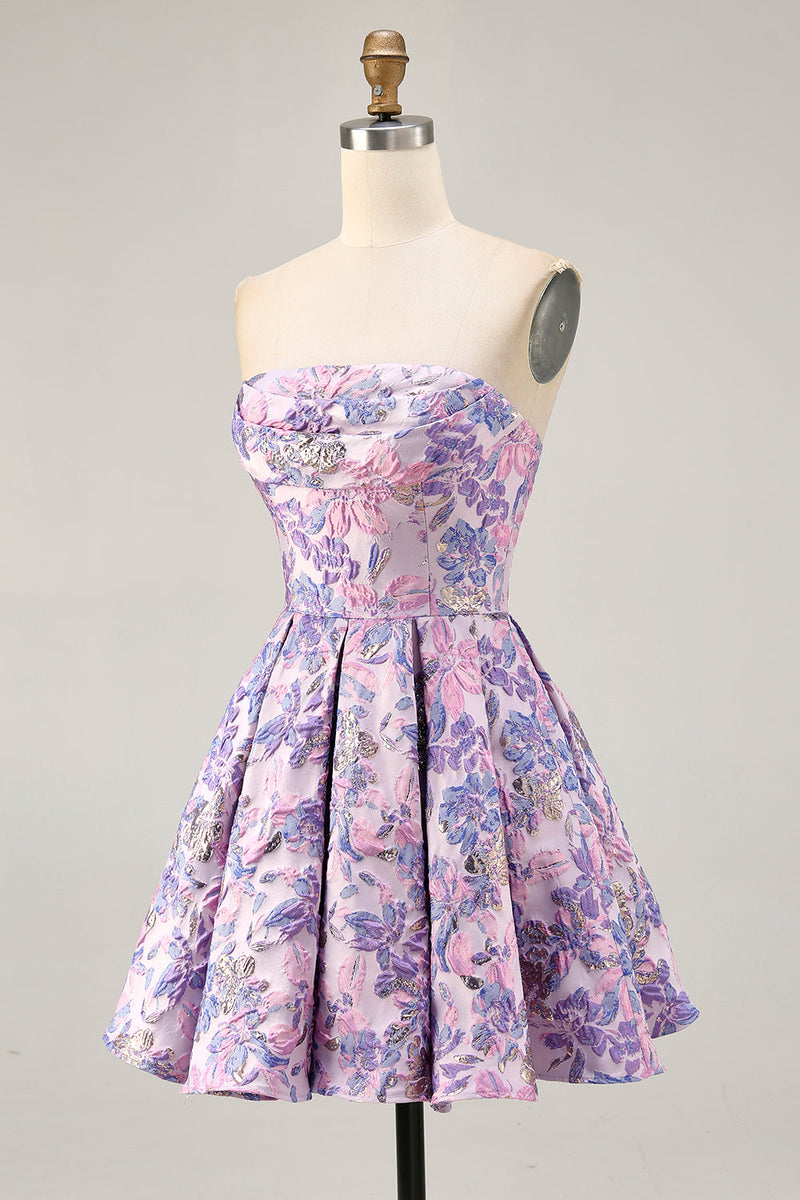 Load image into Gallery viewer, Floral Lilac A Line Ruched Strapless Short Homecoming Dress