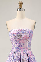 Load image into Gallery viewer, Floral Lilac A Line Ruched Strapless Short Homecoming Dress