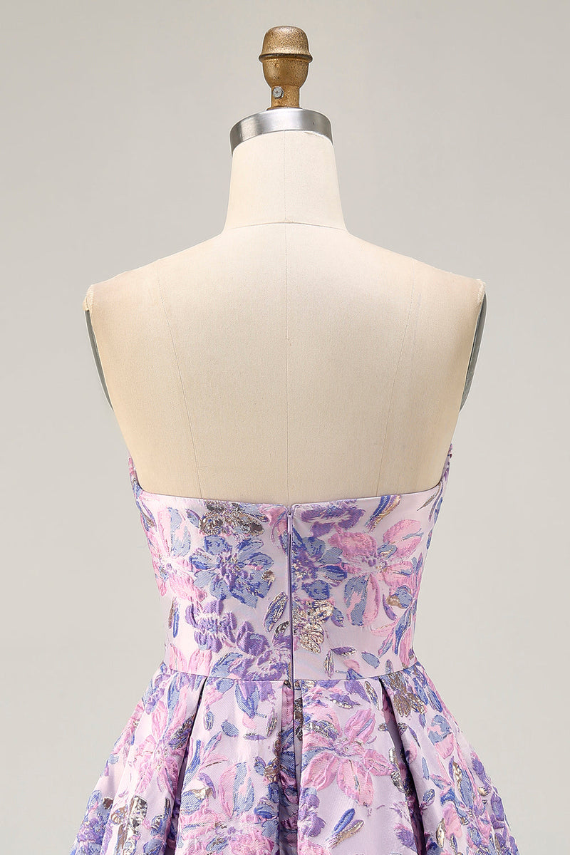 Load image into Gallery viewer, Floral Lilac A Line Ruched Strapless Short Homecoming Dress