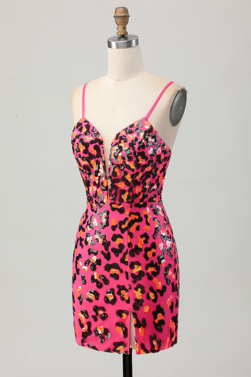 Load image into Gallery viewer, Sparkly Fuchsia Sequin Leopard Tight Short Homecoming Dress