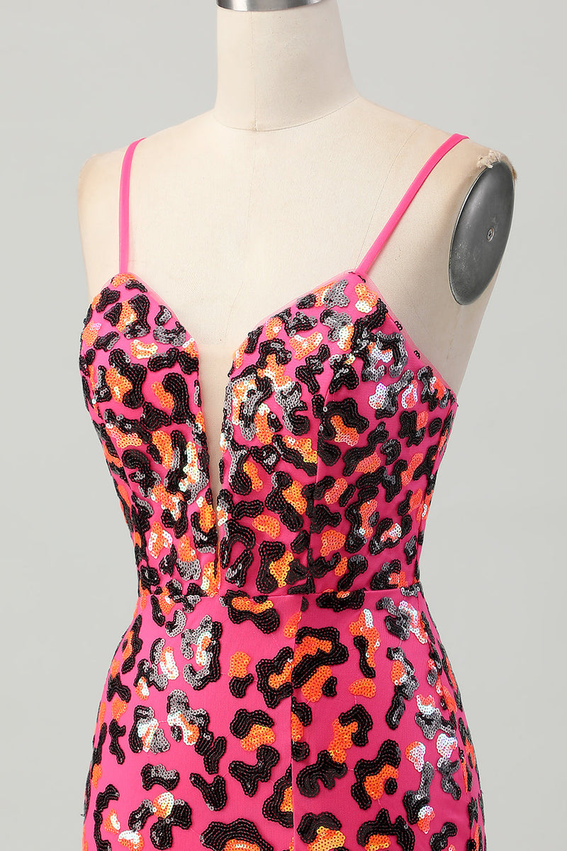 Load image into Gallery viewer, Sparkly Fuchsia Sequin Leopard Tight Short Homecoming Dress