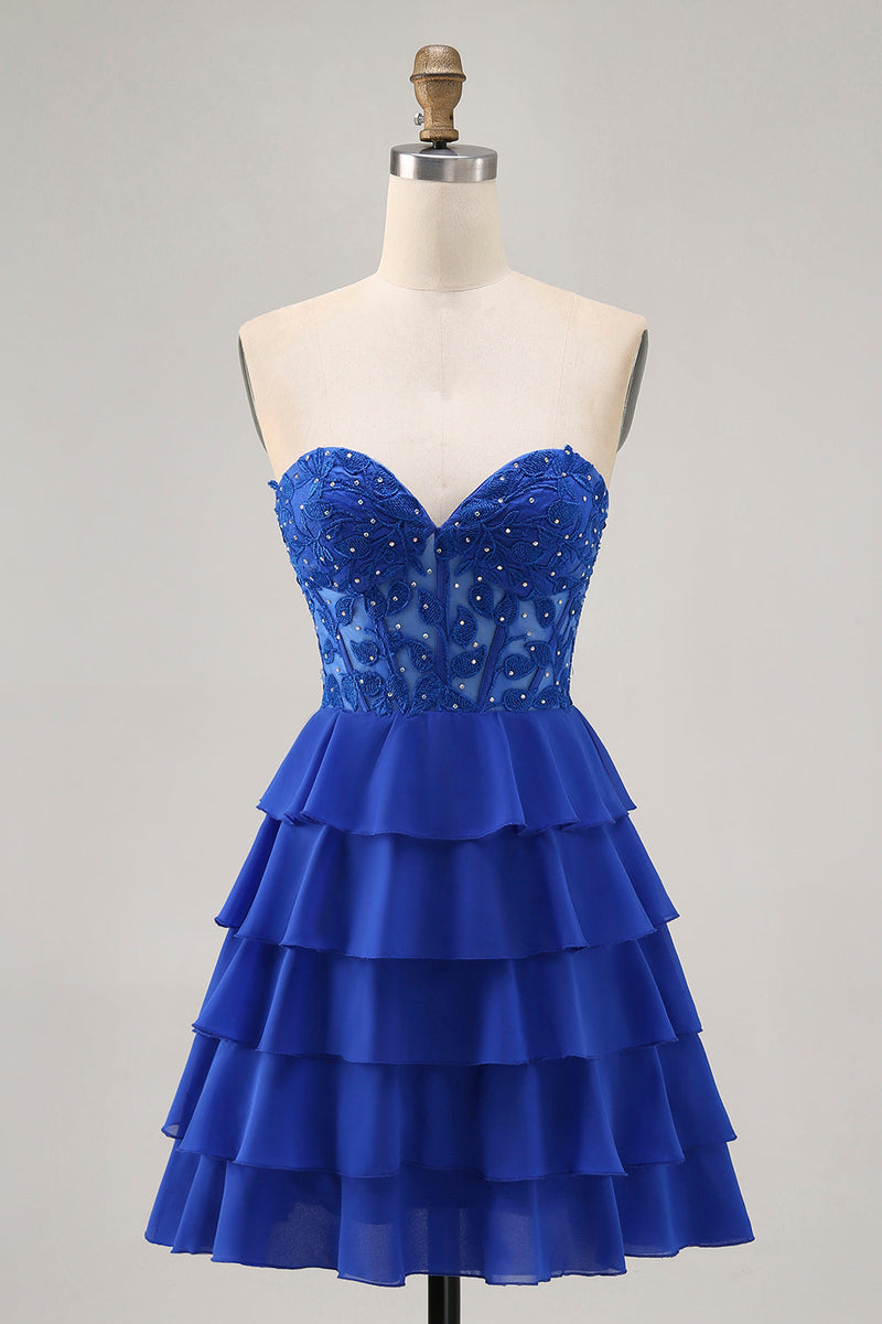 Load image into Gallery viewer, Royal Blue Tiered Sweetheart Short Corset Homecoming Dress