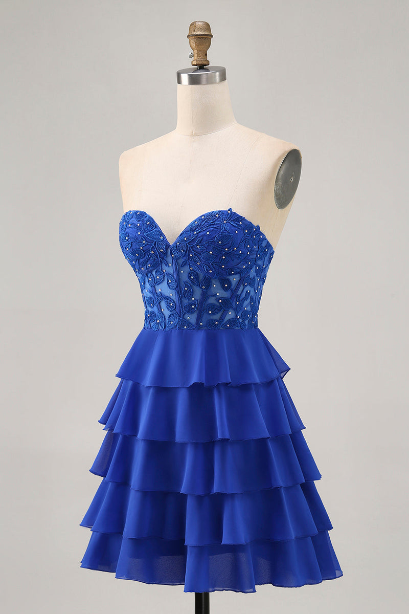 Load image into Gallery viewer, Royal Blue Tiered Sweetheart Short Corset Homecoming Dress