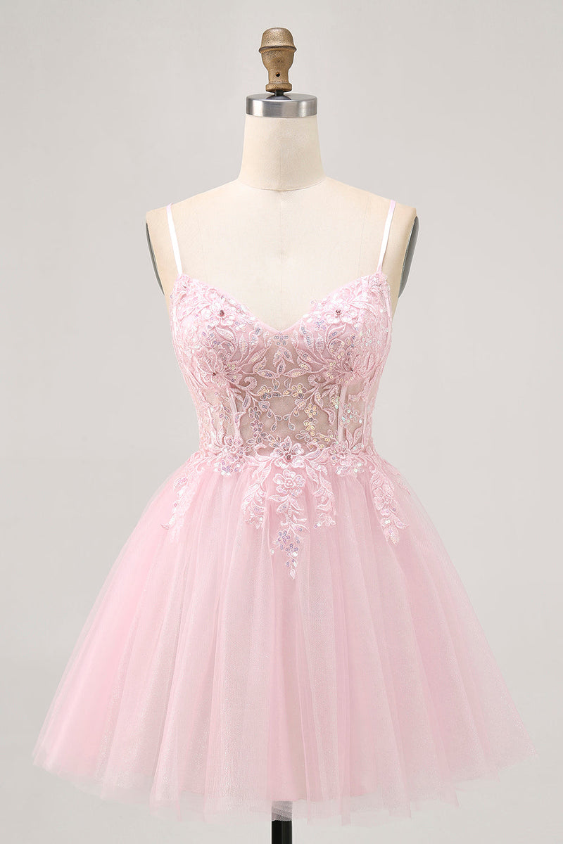 Load image into Gallery viewer, Sparkly Pink A Line Tulle Short Corset Homecoming Dress with Lace