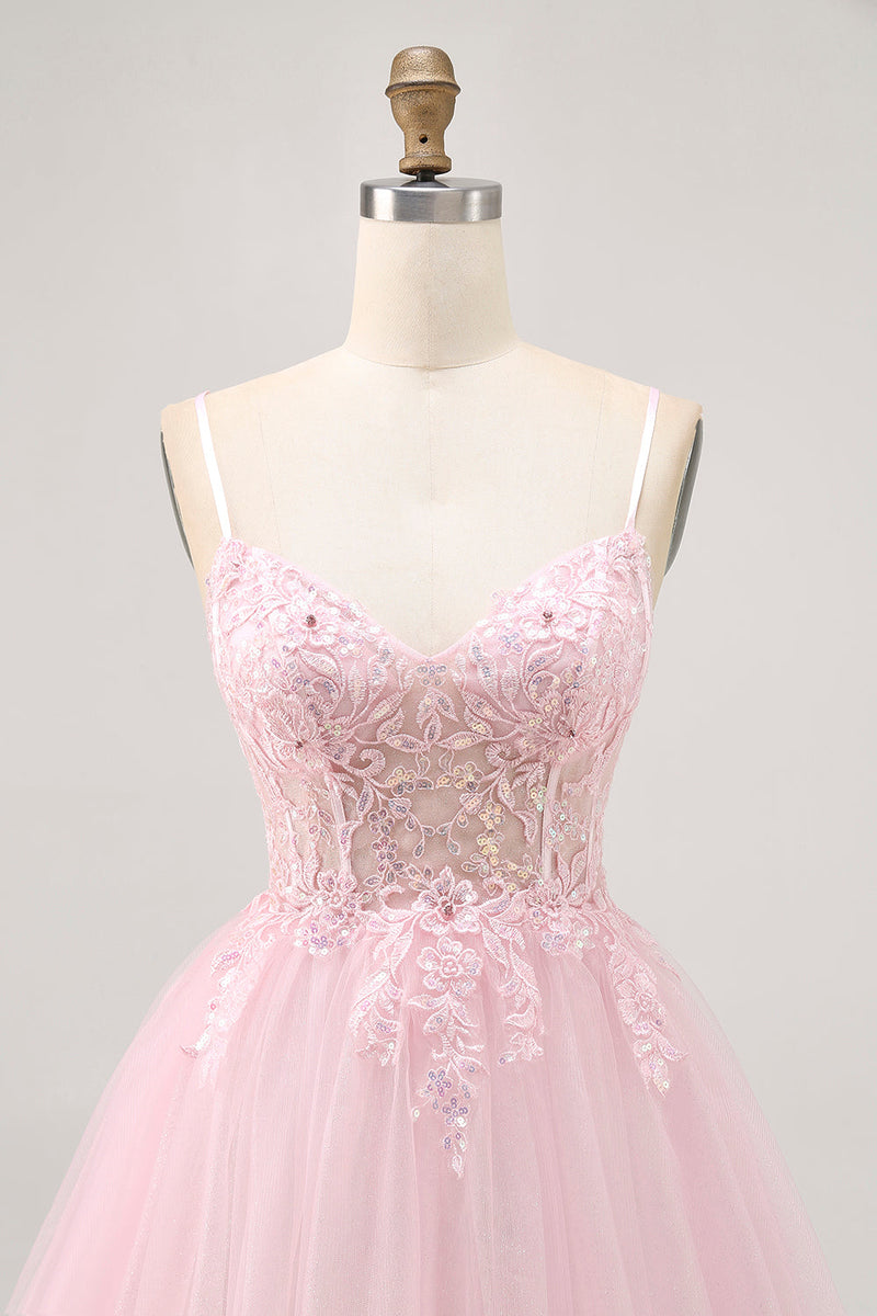 Load image into Gallery viewer, Sparkly Pink A Line Tulle Short Corset Homecoming Dress with Lace
