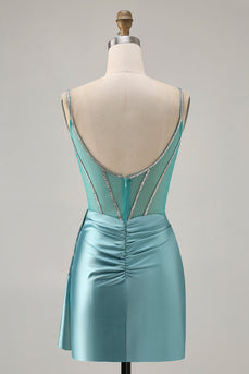 Sparkly Green Satin Tight Short Corset Homecoming Dress