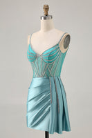 Load image into Gallery viewer, Sparkly Green Satin Tight Short Corset Homecoming Dress