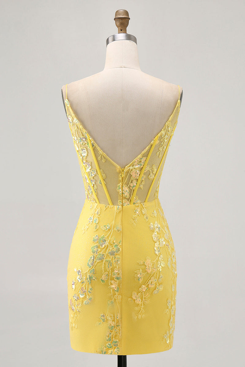 Load image into Gallery viewer, Sparkly Floral Yellow Tight Short Corset Homecoming Dress with Sequins