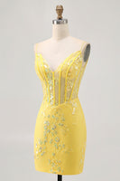 Load image into Gallery viewer, Sparkly Floral Yellow Tight Short Corset Homecoming Dress with Sequins