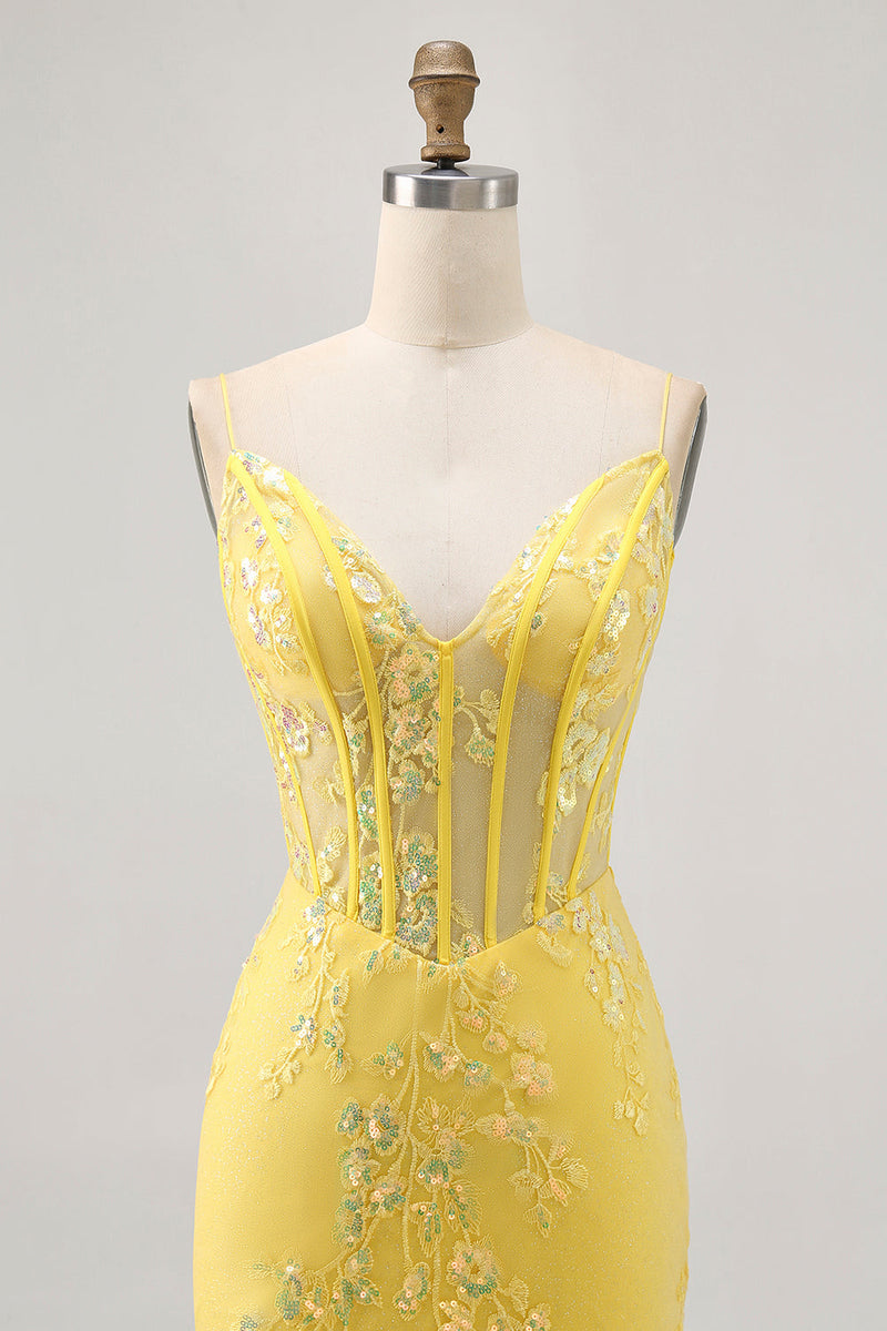 Load image into Gallery viewer, Sparkly Floral Yellow Tight Short Corset Homecoming Dress with Sequins