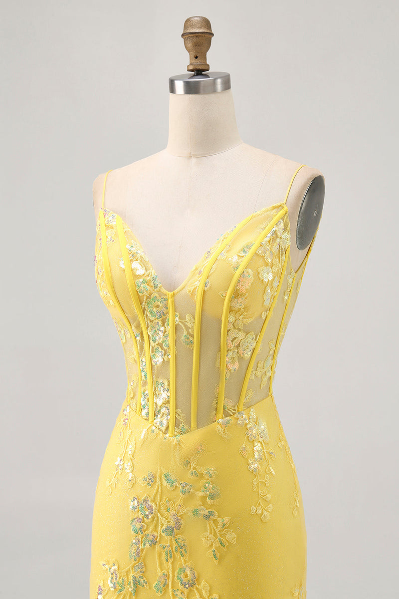 Load image into Gallery viewer, Sparkly Floral Yellow Tight Short Corset Homecoming Dress with Sequins