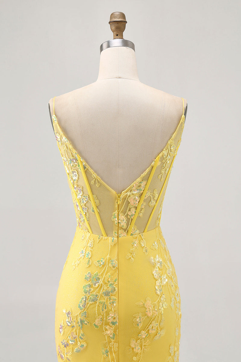 Load image into Gallery viewer, Sparkly Floral Yellow Tight Short Corset Homecoming Dress with Sequins