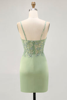 Sparkly Matcha Tight Satin Short Corset Homecoming Dress with Lace