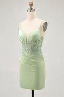 Load image into Gallery viewer, Sparkly Matcha Tight Satin Short Corset Homecoming Dress with Lace