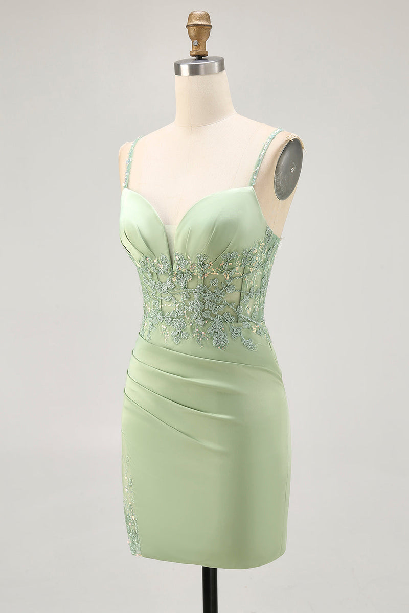 Load image into Gallery viewer, Sparkly Matcha Tight Satin Short Corset Homecoming Dress with Lace