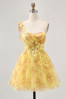 Load image into Gallery viewer, Sparkly Yellow One Shoulder Short Floral Homecoming Dress with Bow