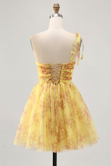 Sparkly Yellow One Shoulder Short Floral Homecoming Dress with Bow