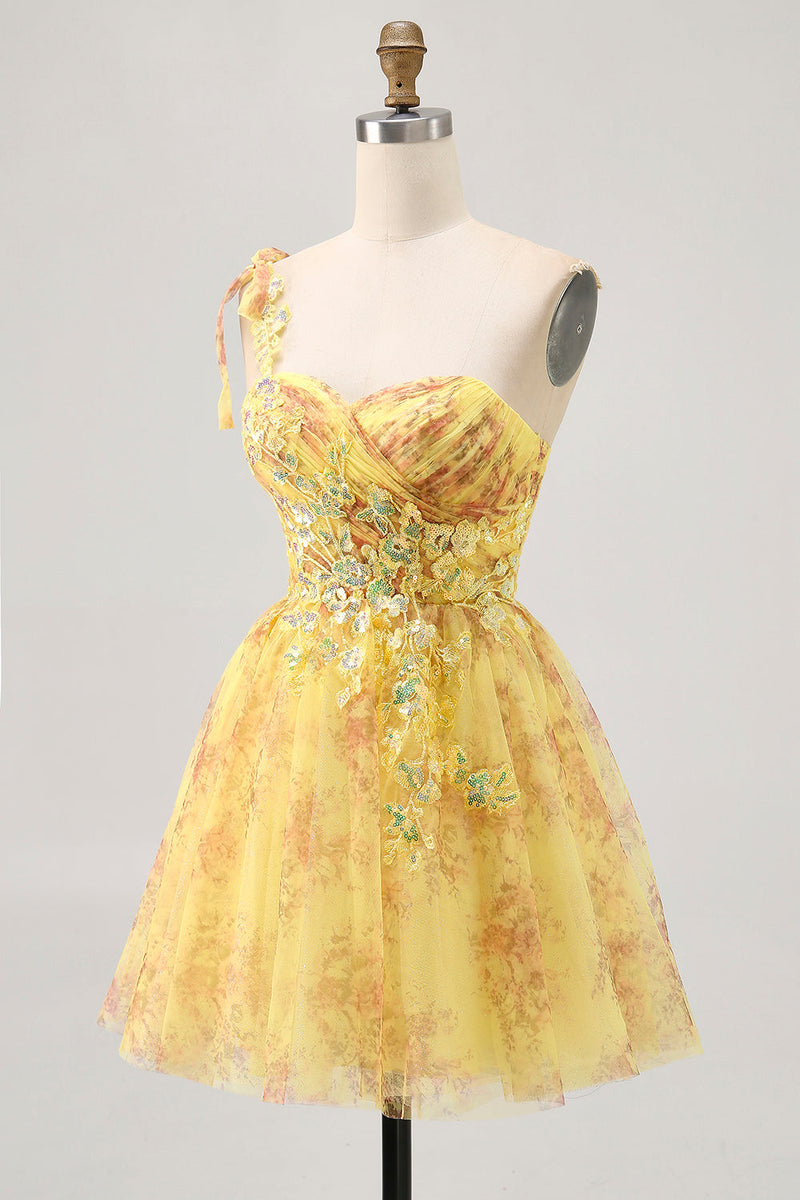 Load image into Gallery viewer, Sparkly Yellow One Shoulder Short Floral Homecoming Dress with Bow