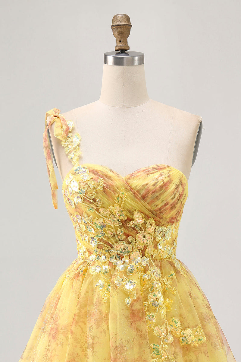 Load image into Gallery viewer, Sparkly Yellow One Shoulder Short Floral Homecoming Dress with Bow