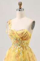 Load image into Gallery viewer, Sparkly Yellow One Shoulder Short Floral Homecoming Dress with Bow