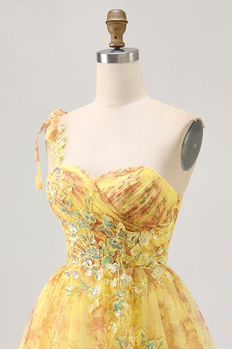 Load image into Gallery viewer, Sparkly Yellow One Shoulder Short Floral Homecoming Dress with Bow
