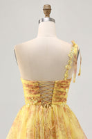 Load image into Gallery viewer, Sparkly Yellow One Shoulder Short Floral Homecoming Dress with Bow