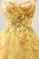 Load image into Gallery viewer, Sparkly Yellow One Shoulder Short Floral Homecoming Dress with Bow