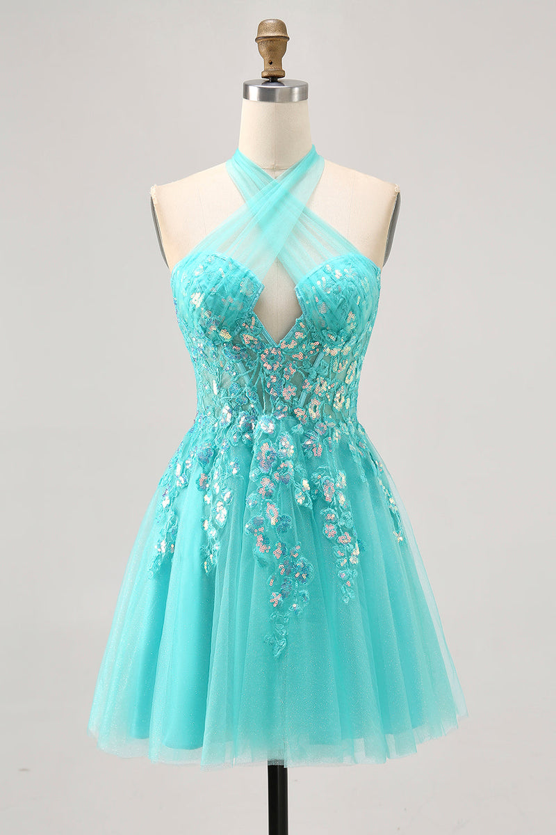 Load image into Gallery viewer, Sparkly Green Corset Halter Short Homecoming Dress with Appliques