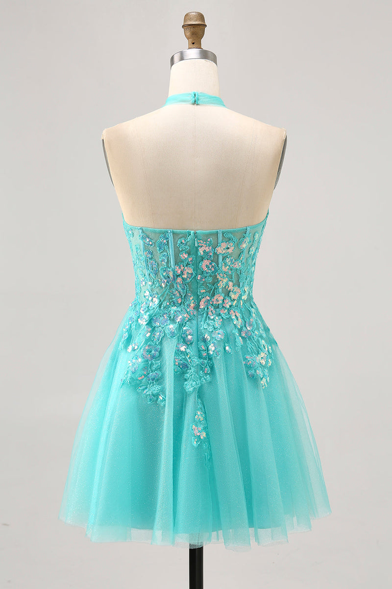 Load image into Gallery viewer, Sparkly Green Corset Halter Short Homecoming Dress with Appliques