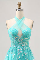 Load image into Gallery viewer, Sparkly Green Corset Halter Short Homecoming Dress with Appliques