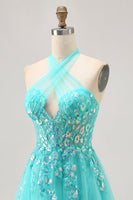 Load image into Gallery viewer, Sparkly Green Corset Halter Short Homecoming Dress with Appliques