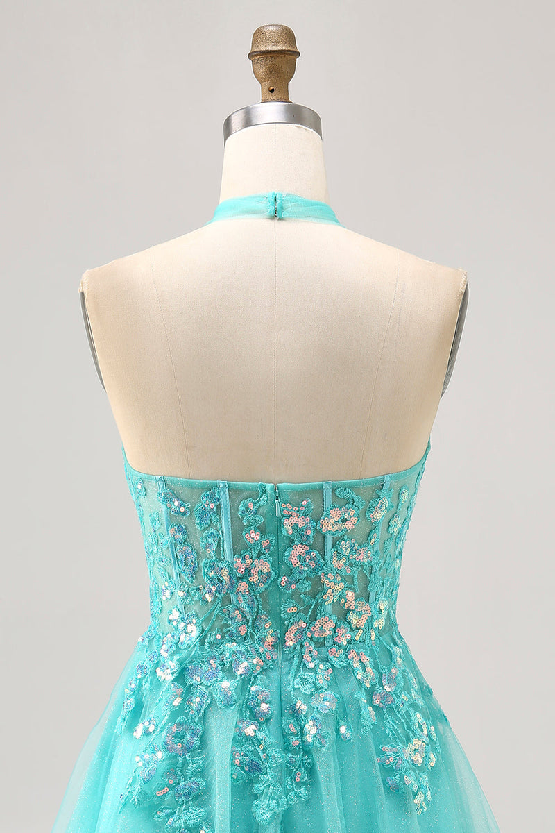 Load image into Gallery viewer, Sparkly Green Corset Halter Short Homecoming Dress with Appliques