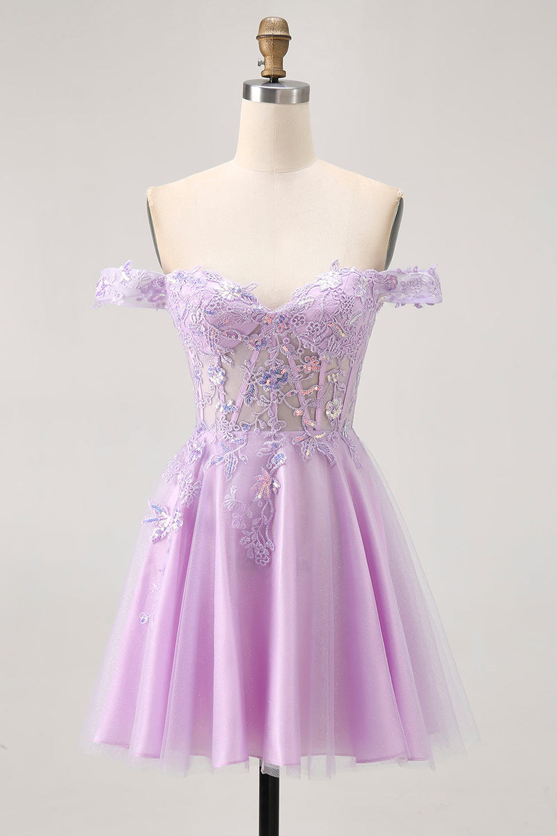 Load image into Gallery viewer, Glitter Lilac A Line Appliqued Short Corset Homecoming Dress