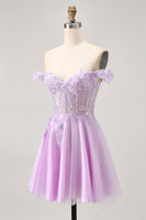 Load image into Gallery viewer, Glitter Lilac A Line Appliqued Short Corset Homecoming Dress