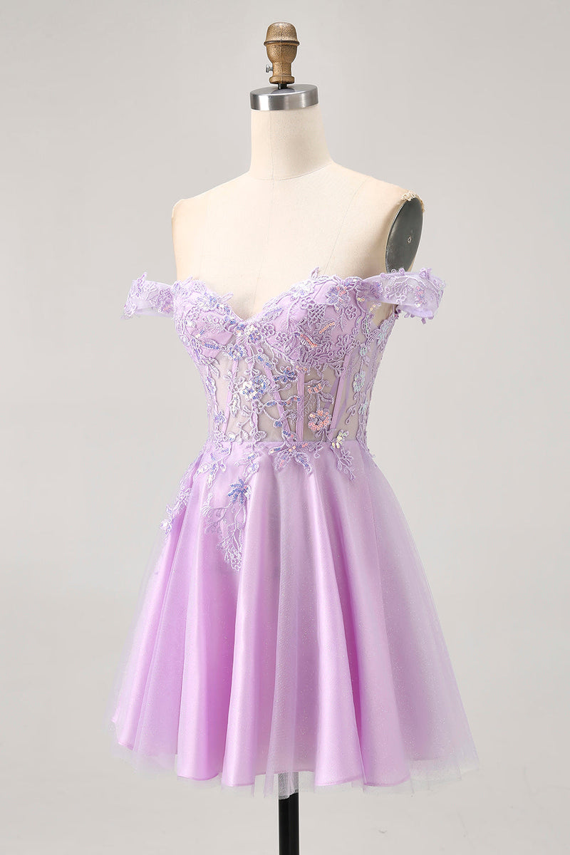Load image into Gallery viewer, Glitter Lilac A Line Appliqued Short Corset Homecoming Dress