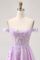 Load image into Gallery viewer, Glitter Lilac A Line Appliqued Short Corset Homecoming Dress