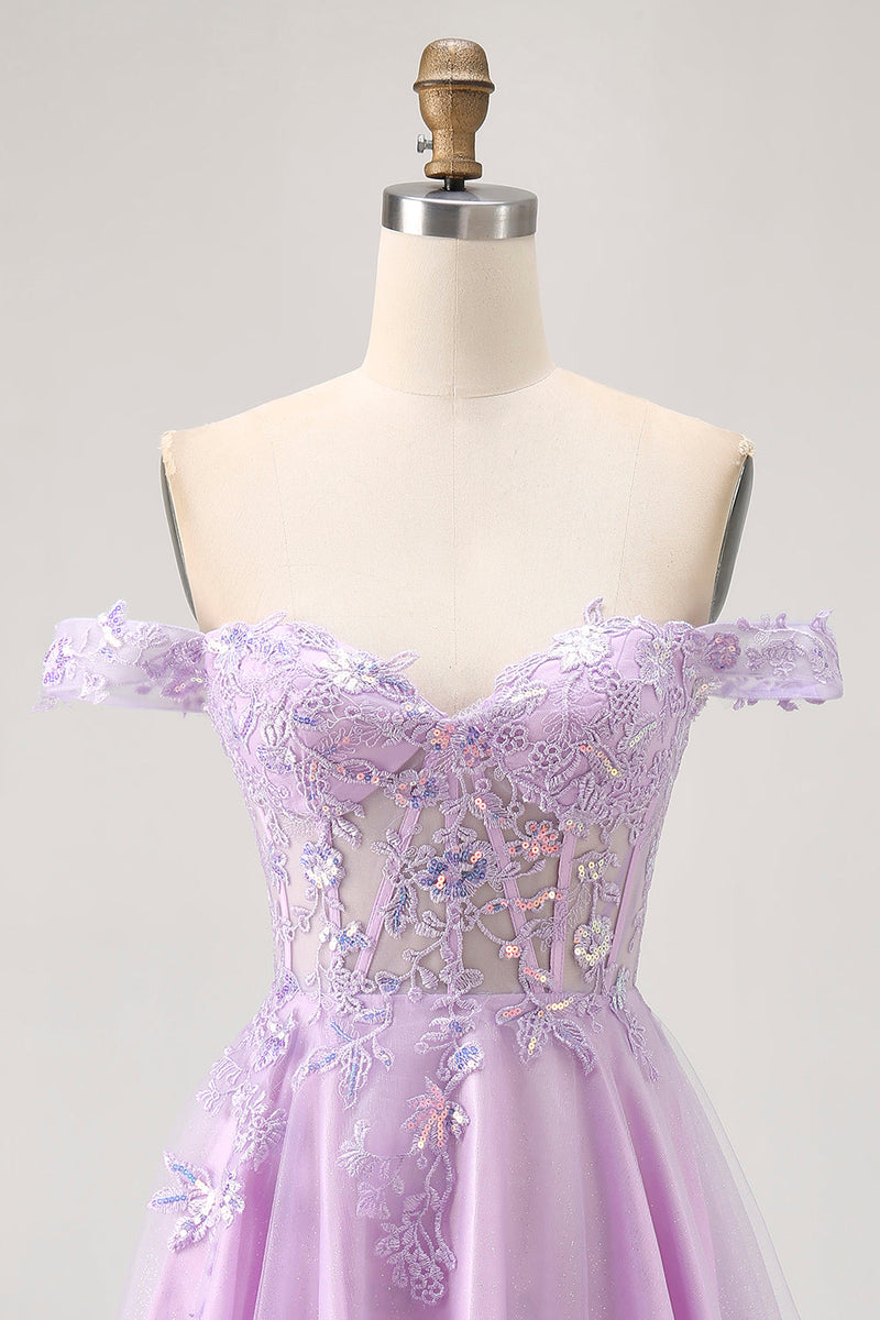 Load image into Gallery viewer, Glitter Lilac A Line Appliqued Short Corset Homecoming Dress