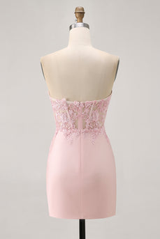 Foral Blush Tight Satin Short Corset Homecoming Dress with Lace