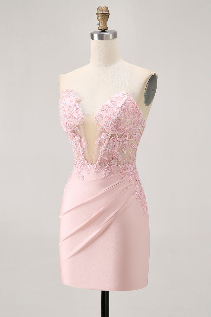 Load image into Gallery viewer, Foral Blush Tight Satin Short Corset Homecoming Dress with Lace