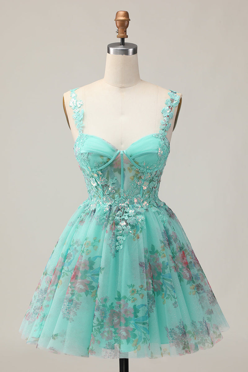 Load image into Gallery viewer, Sparkly Green Floral A Line Short Corset Homecoming Dress with Sequins