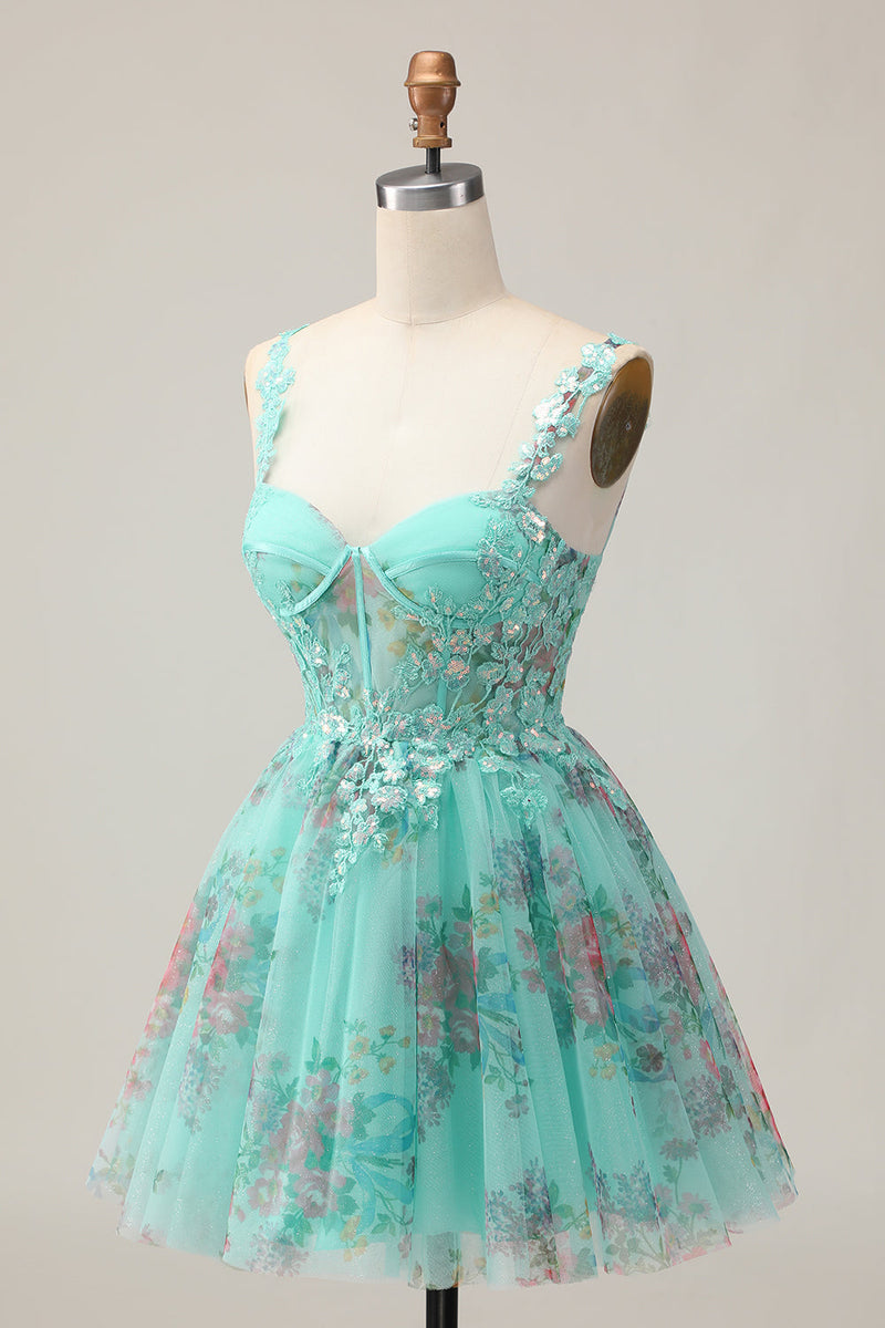 Load image into Gallery viewer, Sparkly Green Floral A Line Short Corset Homecoming Dress with Sequins