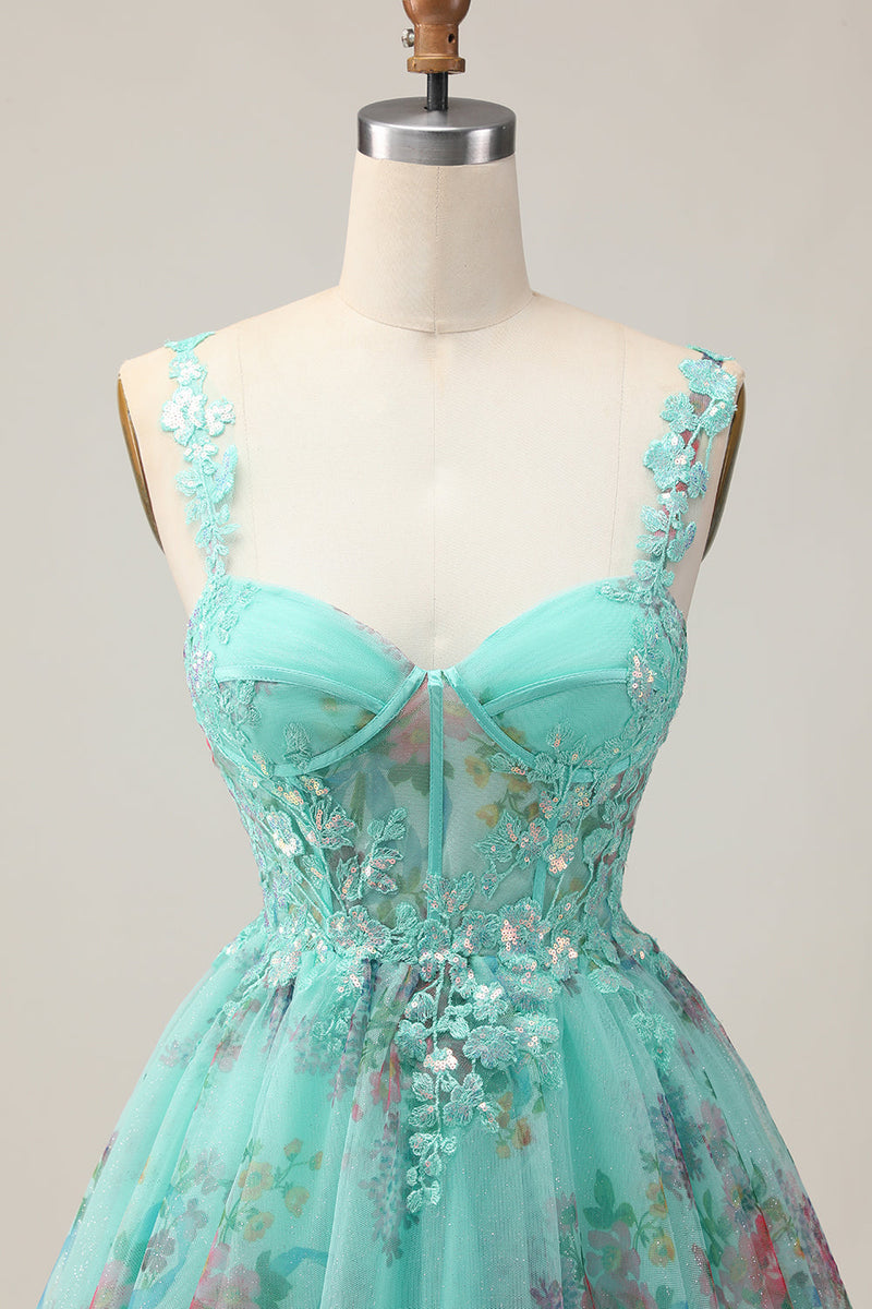 Load image into Gallery viewer, Sparkly Green Floral A Line Short Corset Homecoming Dress with Sequins