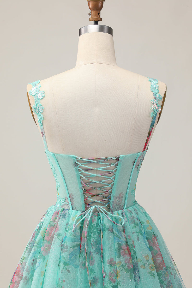 Load image into Gallery viewer, Sparkly Green Floral A Line Short Corset Homecoming Dress with Sequins
