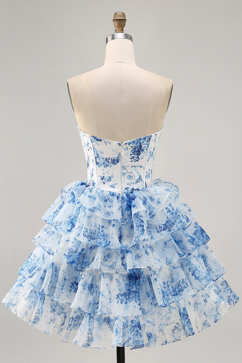 Load image into Gallery viewer, Sparkly White Blue Floral A Line Short Corset Homecoming Dress with Ruffles