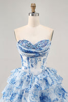 Load image into Gallery viewer, Sparkly White Blue Floral A Line Short Corset Homecoming Dress with Ruffles