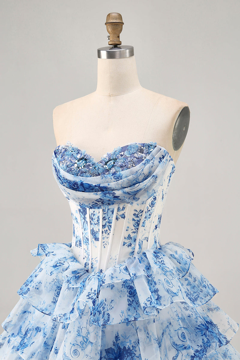 Load image into Gallery viewer, Sparkly White Blue Floral A Line Short Corset Homecoming Dress with Ruffles