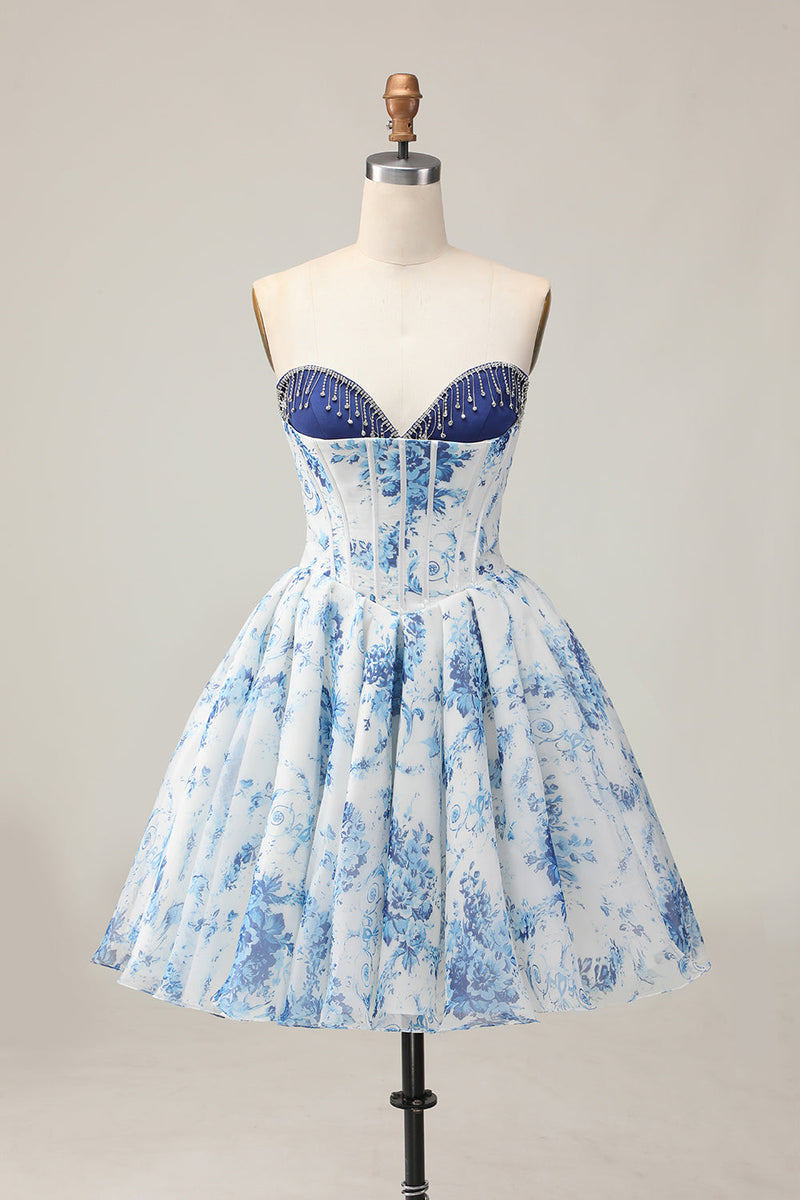 Load image into Gallery viewer, Sparkly Floral White and Blue A Line Beaded Short Corset Homecoming Dress