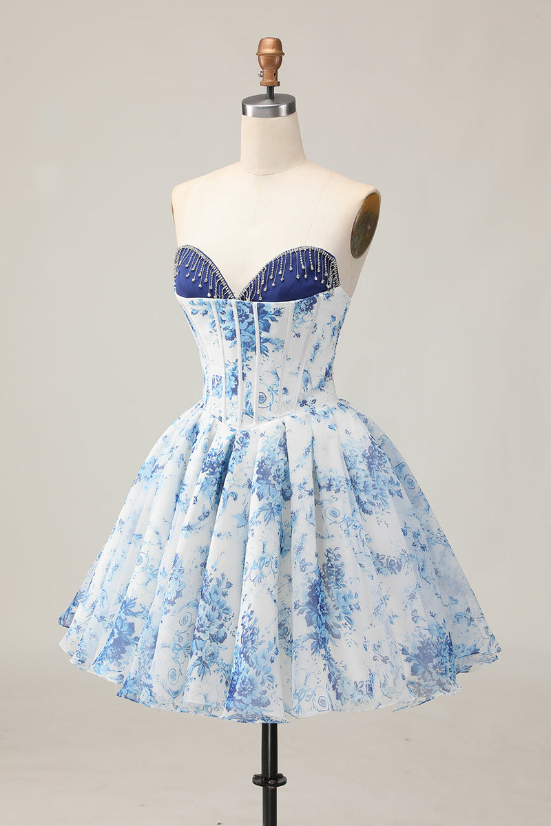 Load image into Gallery viewer, Sparkly Floral White and Blue A Line Beaded Short Corset Homecoming Dress