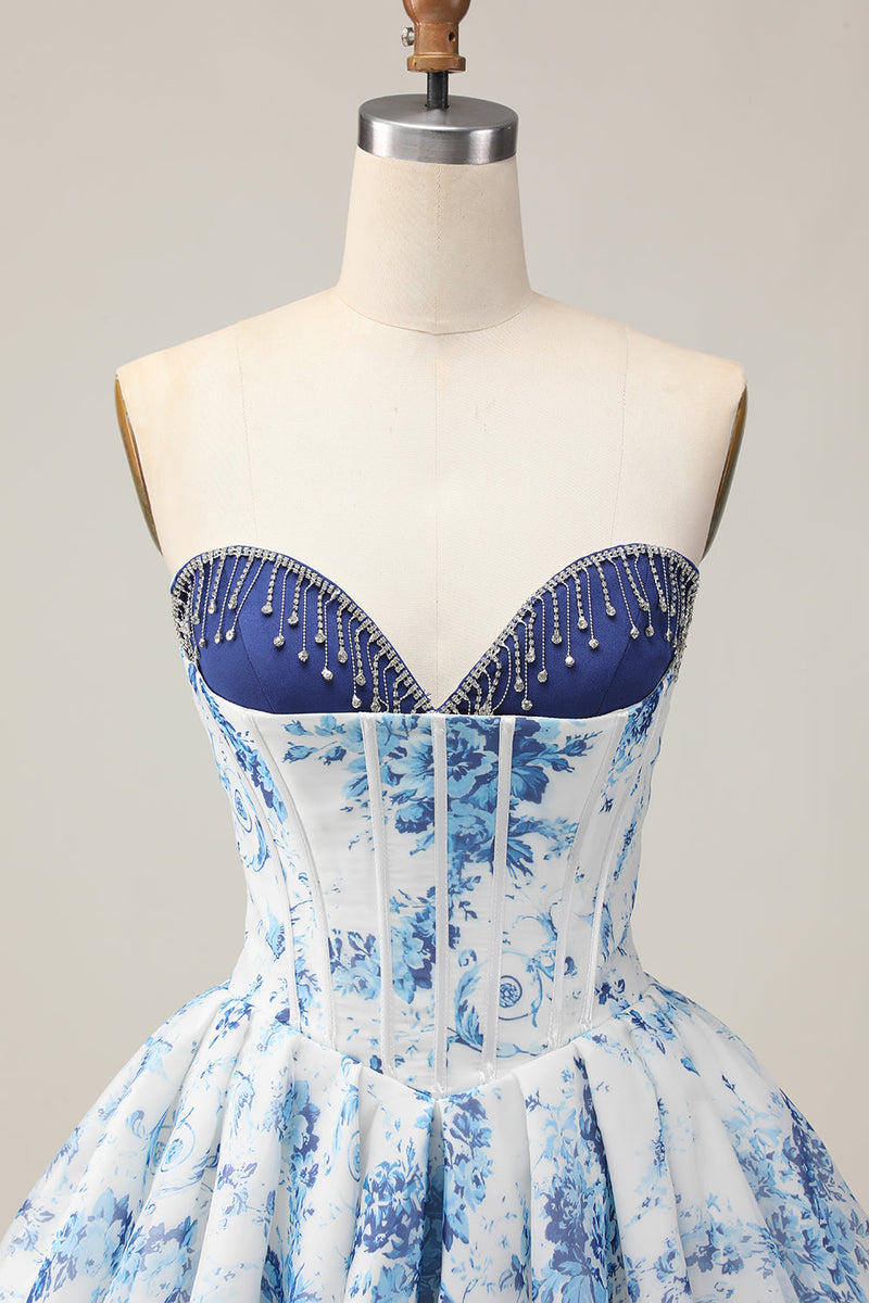 Load image into Gallery viewer, Sparkly Floral White and Blue A Line Beaded Short Corset Homecoming Dress